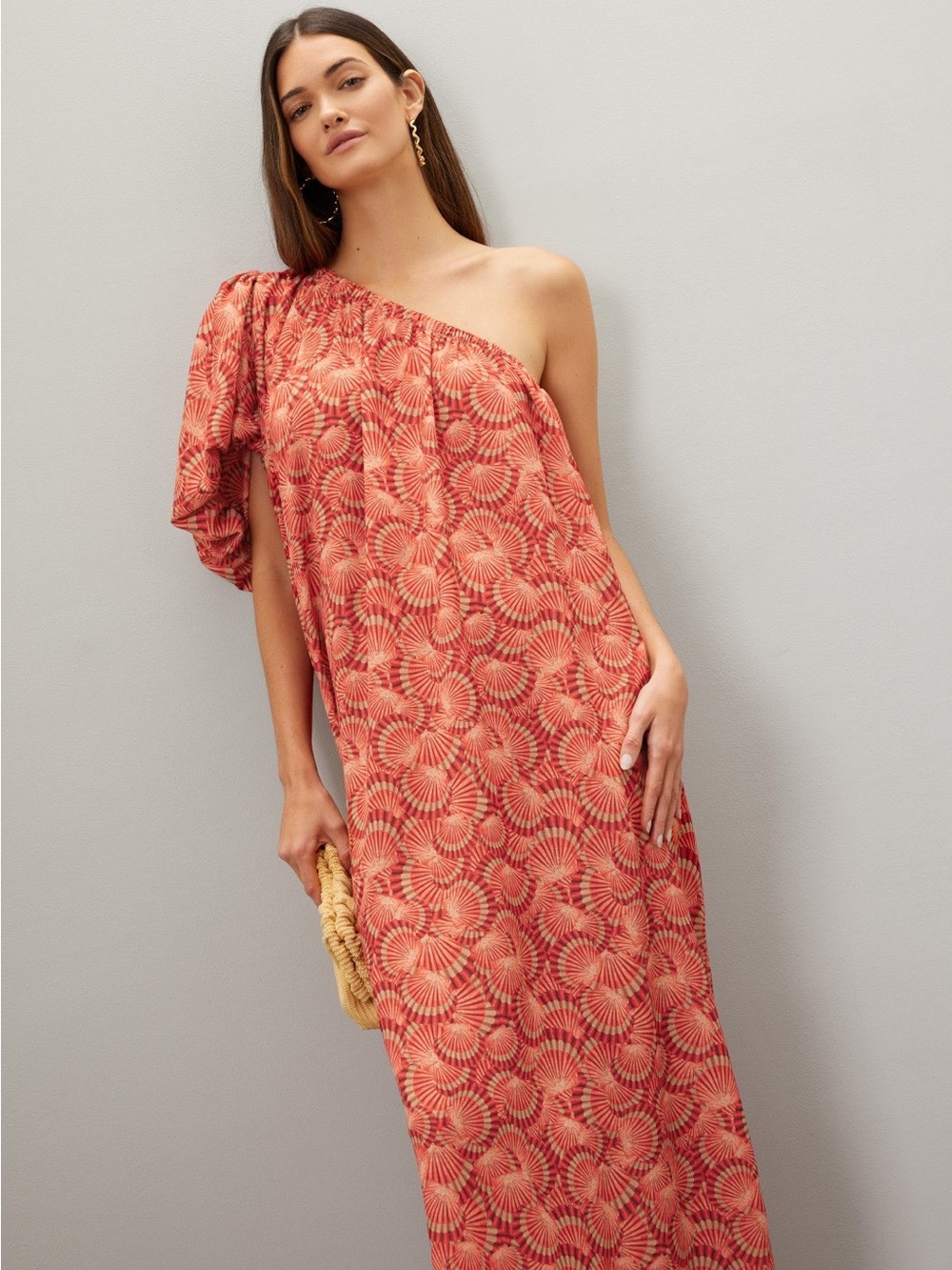 One-Shoulder Red Print Maxi Dress